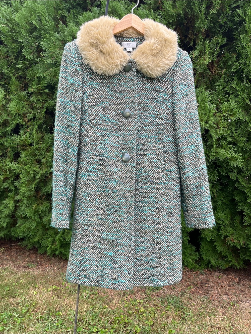 Vintage LOFT Tweed Adorable Coat with Faux Fur Collar in Teal and Beige